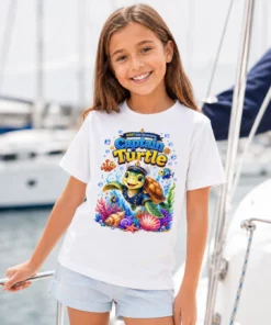 Dziewczynka na jachcie w białej koszulce dziecięcej Captain Turtle z żółwiem-kapitanem — NAVI Kids
