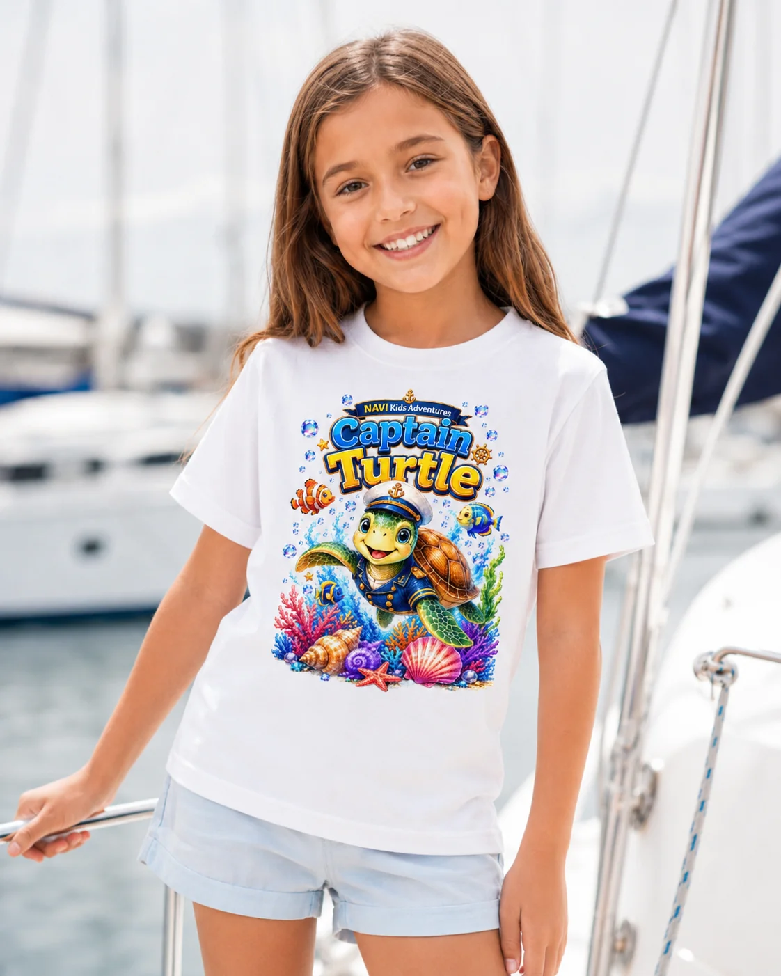 Dziewczynka na jachcie w białej koszulce dziecięcej Captain Turtle z żółwiem-kapitanem — NAVI Kids