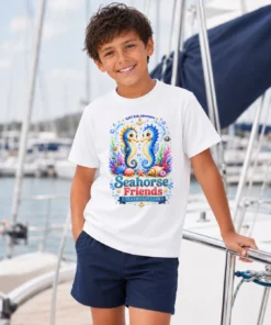 Chłopiec na jachcie w białej koszulce dziecięcej Seahorse Friends z konikami morskimi — NAVI Kids