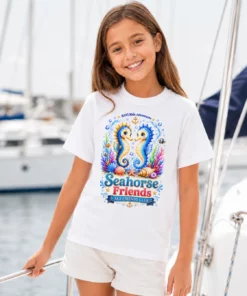 Dziewczynka na jachcie w białej koszulce dziecięcej Seahorse Friends z konikami morskimi — NAVI Kids