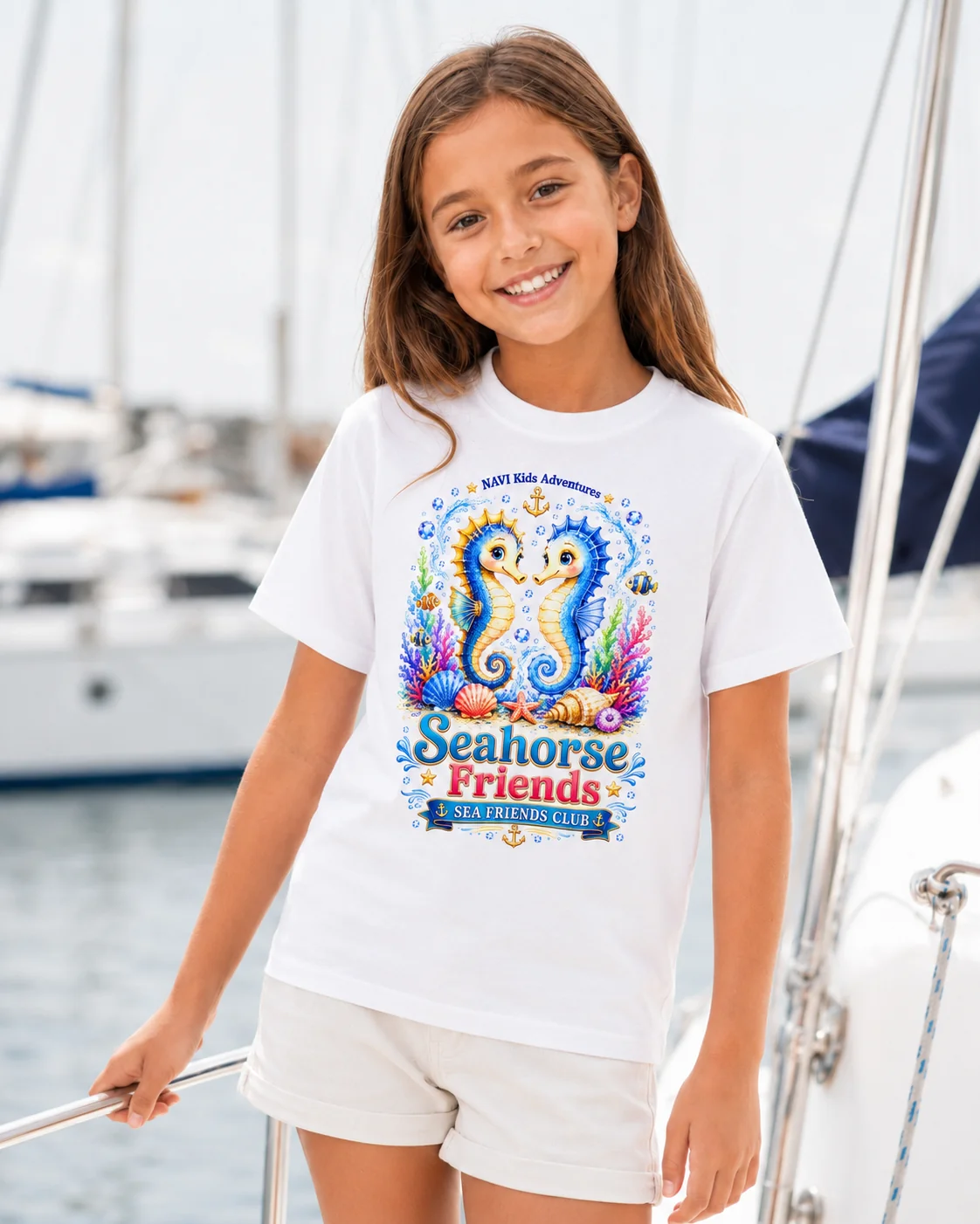 Dziewczynka na jachcie w białej koszulce dziecięcej Seahorse Friends z konikami morskimi — NAVI Kids