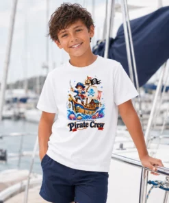 Chłopiec na jachcie w białej koszulce pirackiej dziecięcej Pirate Crew ze statkiem i banderą — NAVI Kids