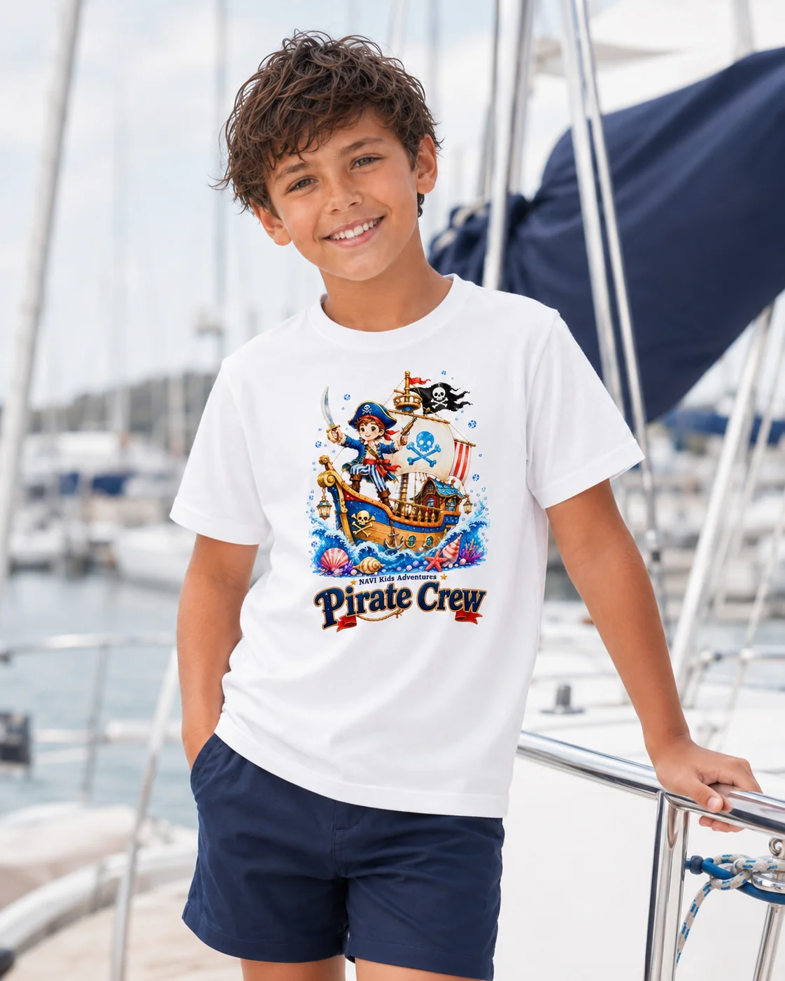 Chłopiec na jachcie w białej koszulce pirackiej dziecięcej Pirate Crew ze statkiem i banderą — NAVI Kids