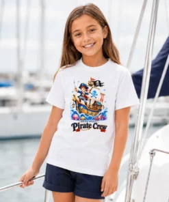 Dziewczynka na jachcie w białej koszulce pirackiej dziecięcej Pirate Crew ze statkiem pirackim — NAVI Kids