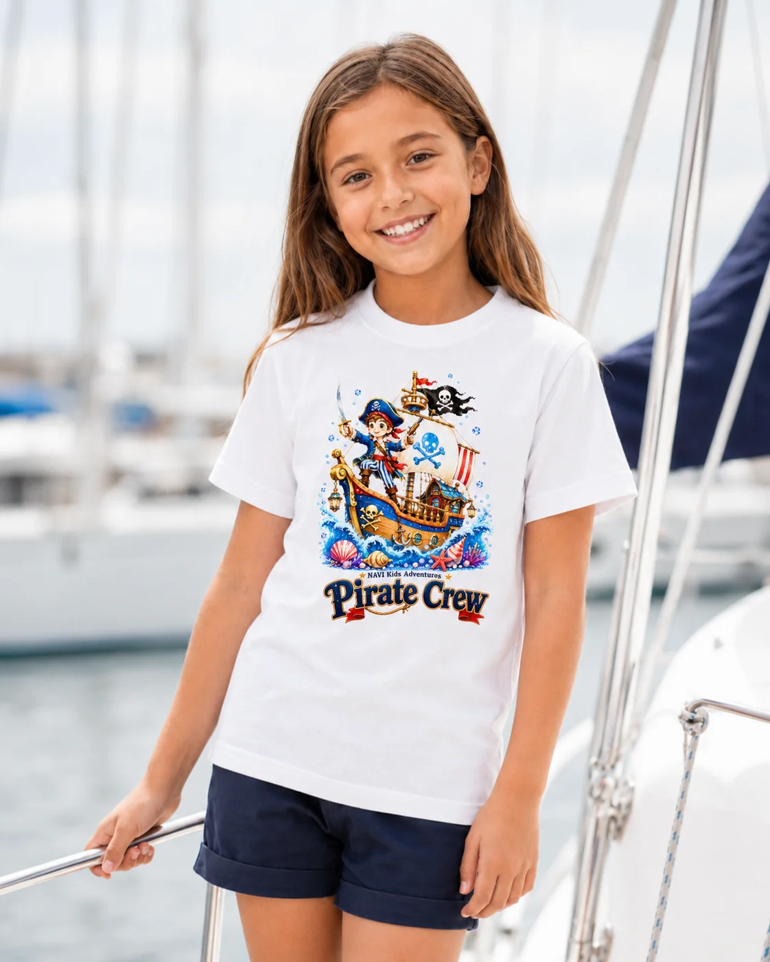 Dziewczynka na jachcie w białej koszulce pirackiej dziecięcej Pirate Crew ze statkiem pirackim — NAVI Kids
