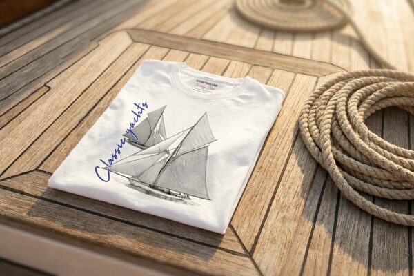 Biała koszulka żeglarska premium Classic Yachts złożona na tekowym pokładzie jachtu obok liny