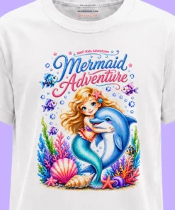 Zbliżenie grafiki Mermaid Adventure z syrenką i delfinem