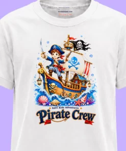 Zbliżenie grafiki Pirate Crew z małym piratem na statku