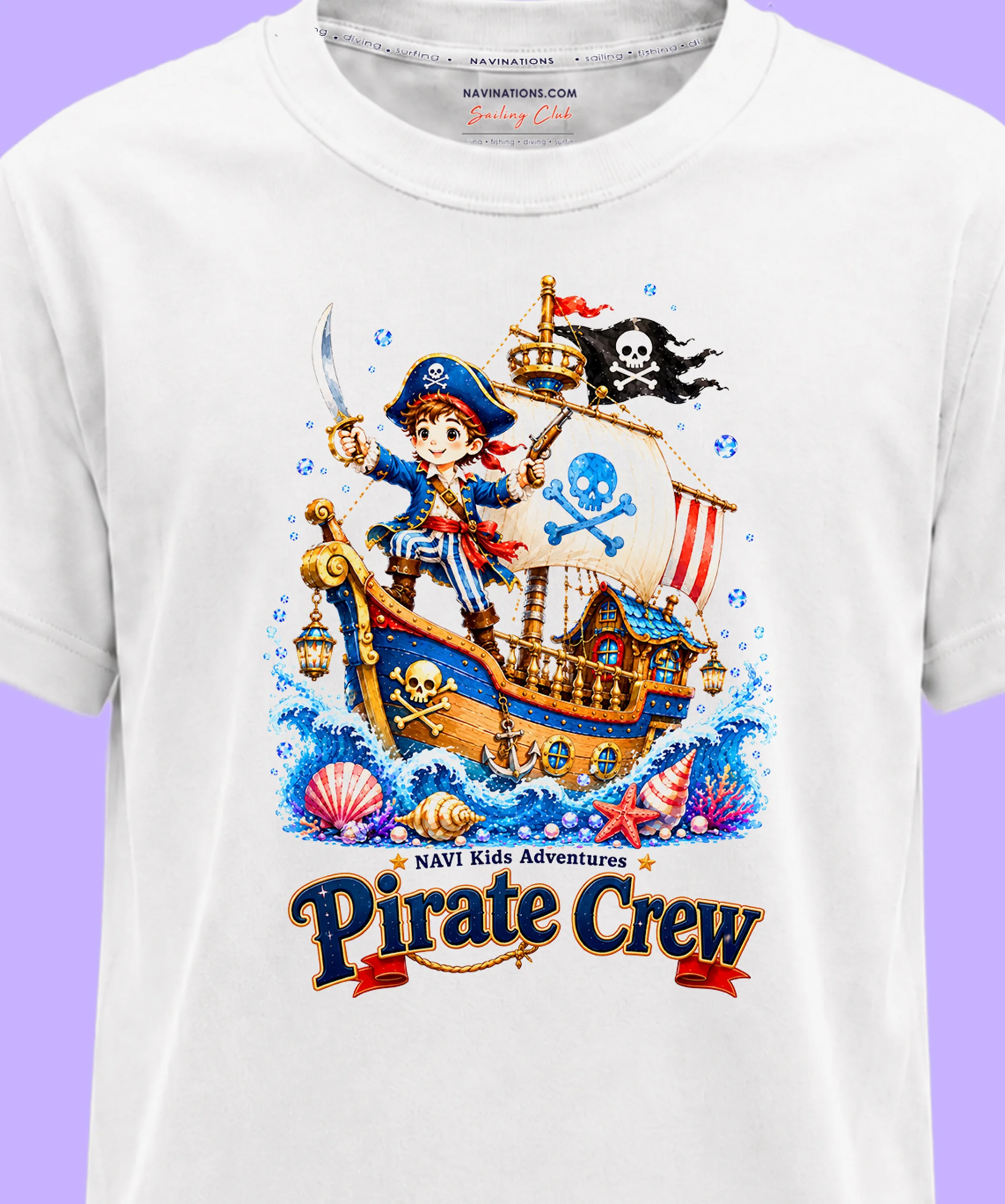 Zbliżenie grafiki Pirate Crew z małym piratem na statku