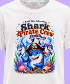 Zbliżenie grafiki Shark Pirate Crew z pirackimi rekinami
