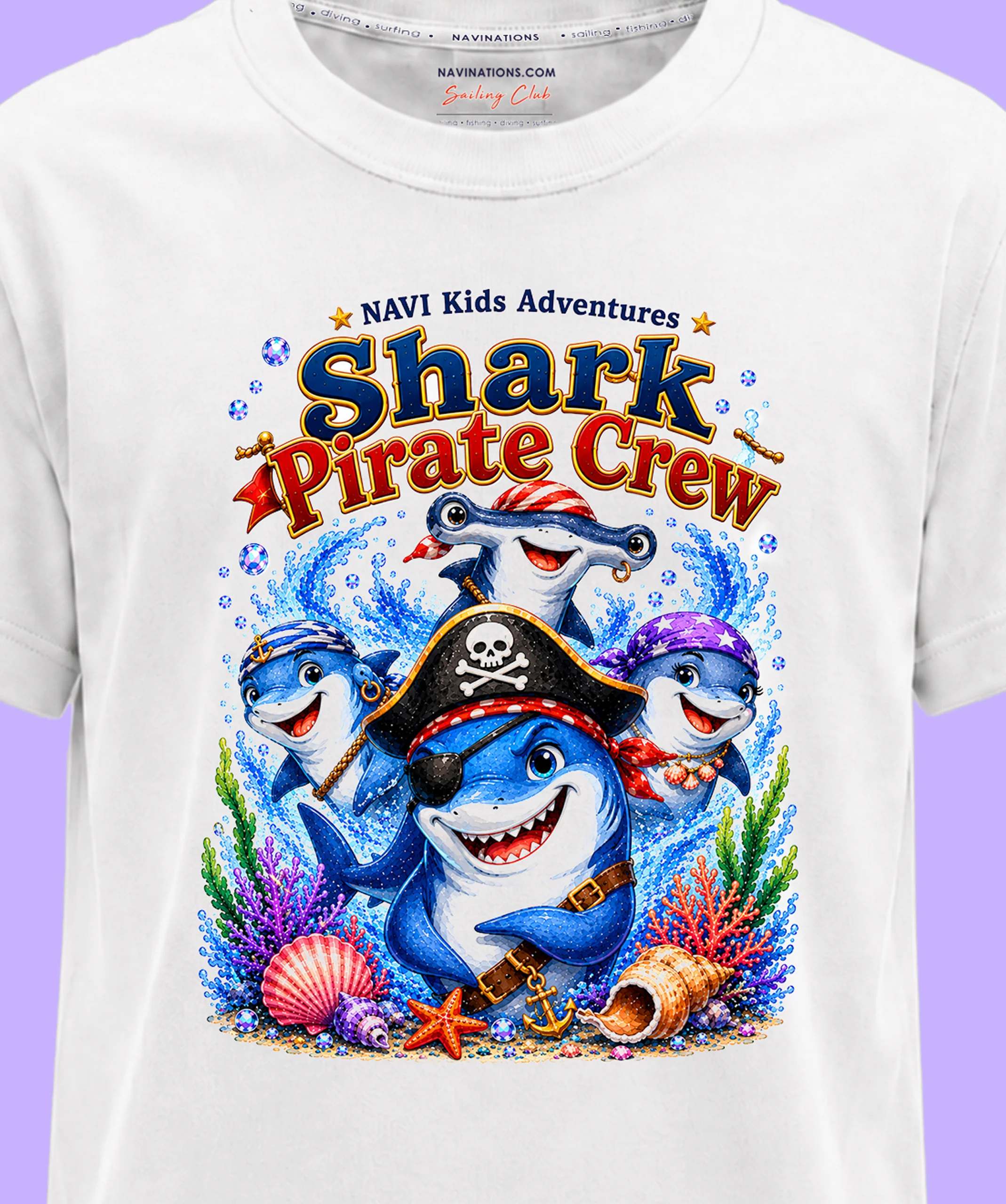 Zbliżenie grafiki Shark Pirate Crew z pirackimi rekinami