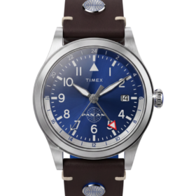 Timex × Pan Am Waterbury GMT TW2W97300 — 39 mm, druga strefa czasowa, 100 m