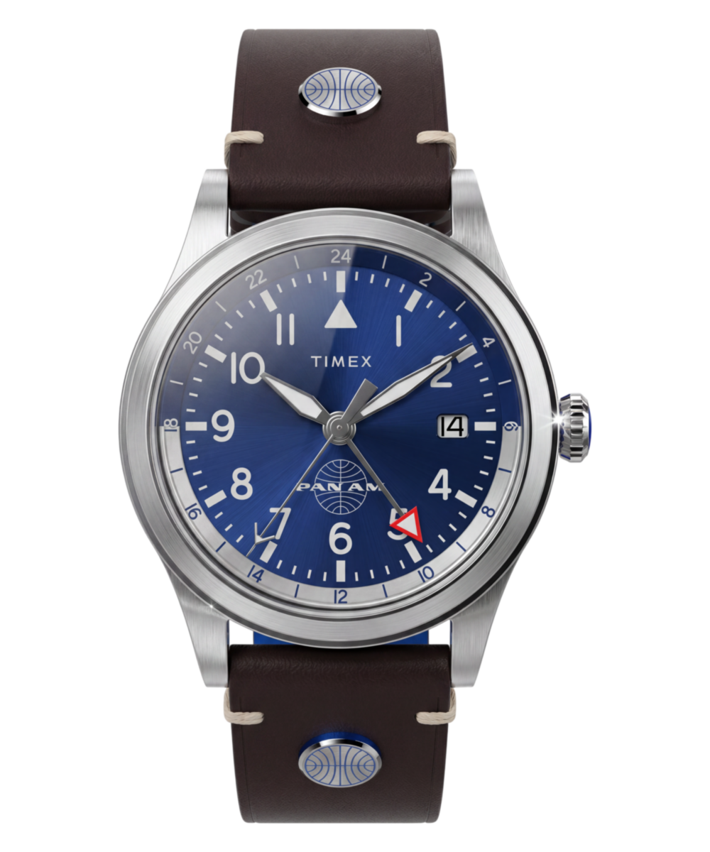 Timex Pan Am Waterbury GMT TW2W97300 39 mm niebieska tarcza skórzany pasek — widok 1