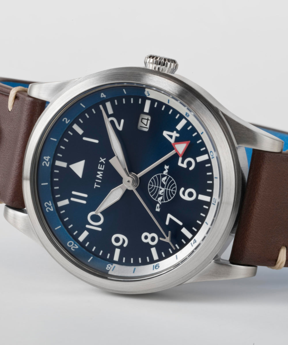 Timex Pan Am Waterbury GMT TW2W97300 39 mm niebieska tarcza skórzany pasek — widok 6