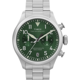 Timex Waterbury Ace Chronograph TW2Y19100 — 41 mm, zielona tarcza, bransoleta, 100 m