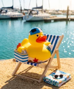 Gumowa kaczka plażowiczka Pamela na pasiastym leżaku na piaszczystej plaży przy marinie